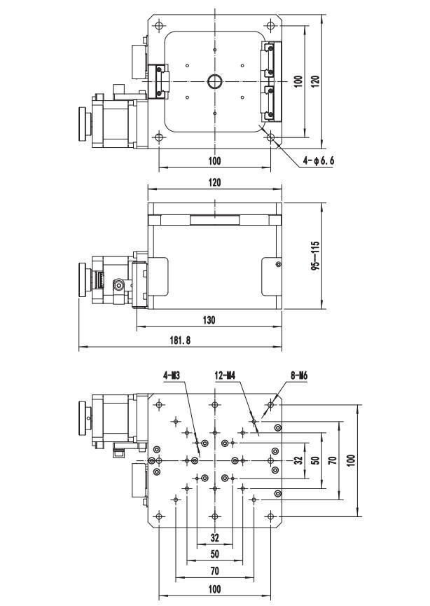 Drawing of Motorized Linear Vertical Linear Positioning Stage, Range of travel, 20 mm