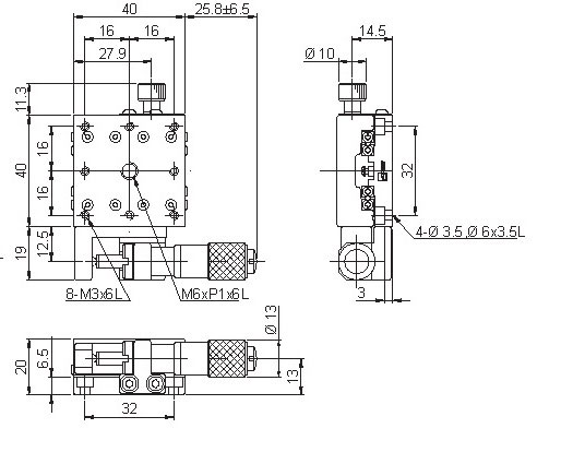 Manual Single-axis Linear Positioning Stage Mechanical Drawing