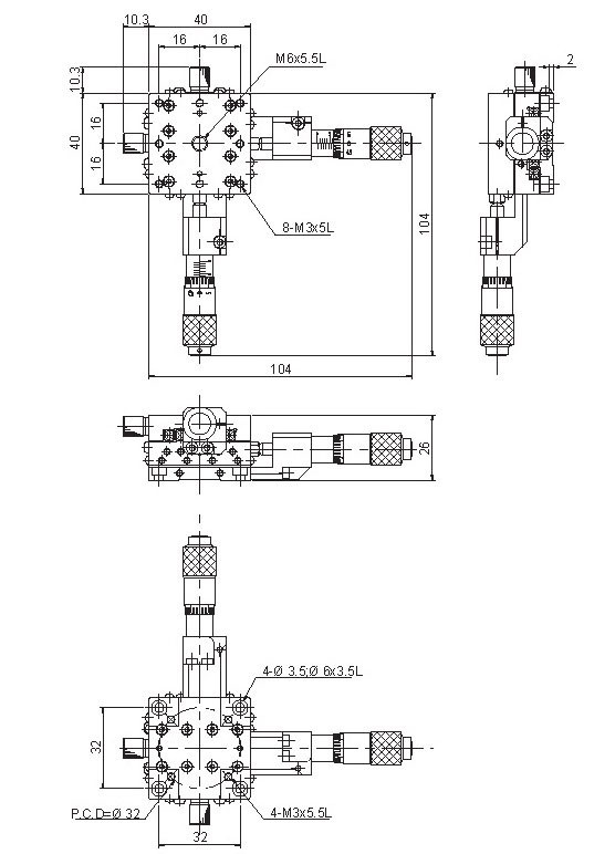 Manual Thin Single-axis Positioning Stage Mechanical Drawing