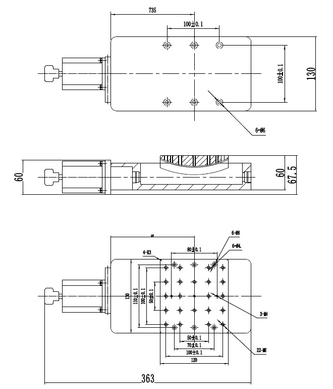Mechanical Drawing of Motorized Goniometer Table, Table Size: 120 mm  130 mm, Range of Travel: +/-15 Degrees