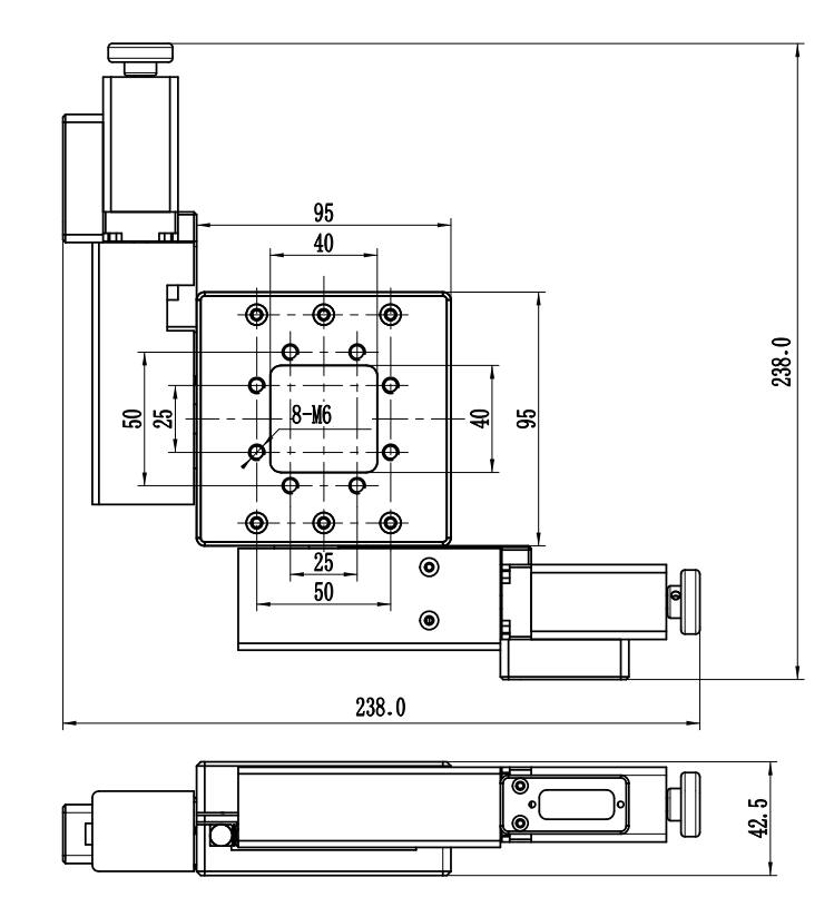Mechanical Drawing of Motorized Linear Two-axis Stage, Range of Travel: 15 mm x15 mm