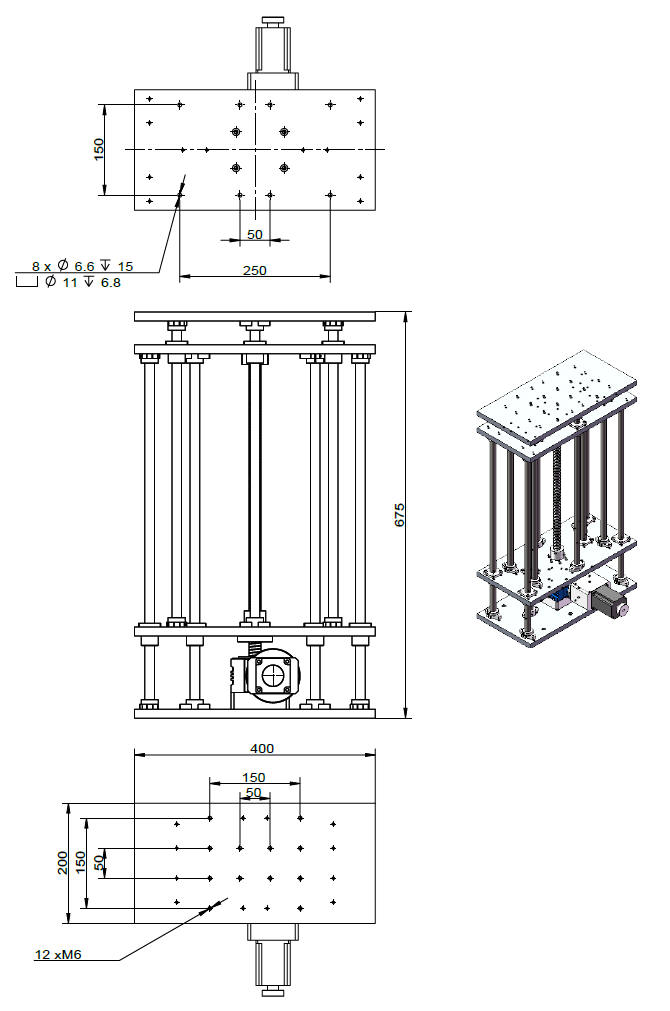 Drawing of Motorized Linear Vertical Stage, Range of Travel 400 mm