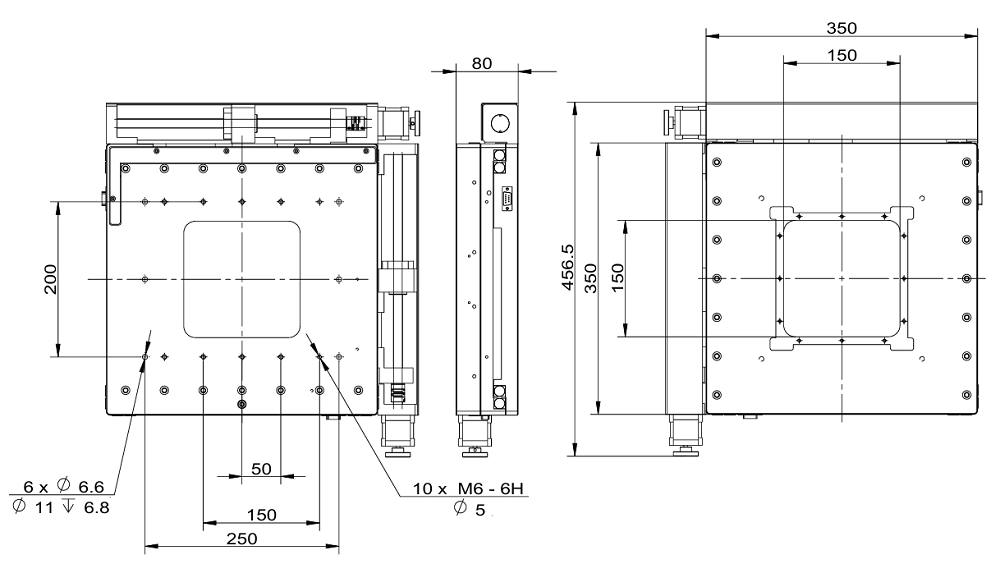 Mechanical Drawing of Motorized  Two-axis Table, Hollow Core, Range of Travel: 150 mm x 150 mm