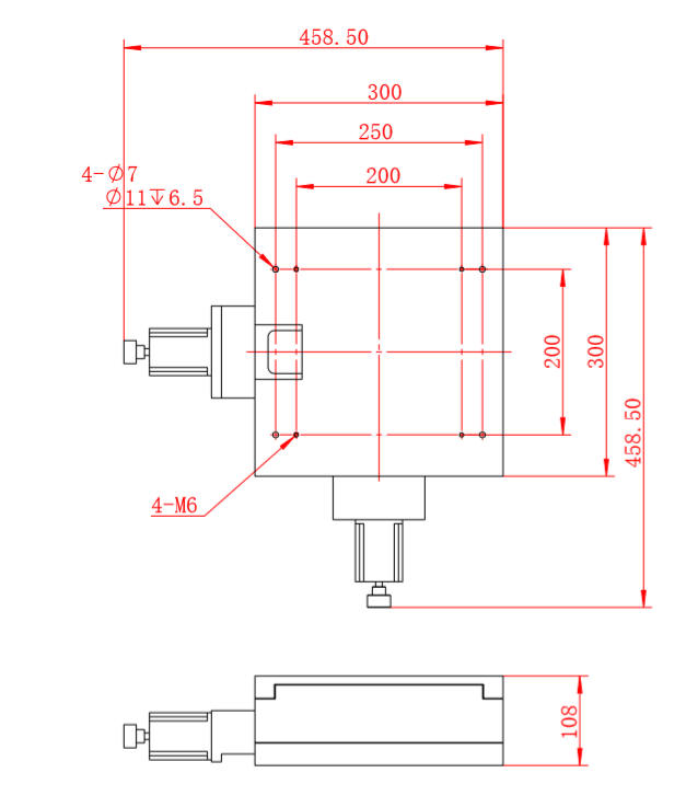 Mechanical Drawing of Motorized  Two-axis Table, Range of Travel: 170 mm x 170 mm