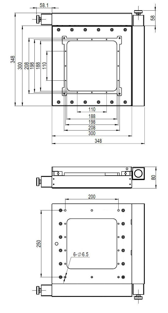 Mechanical Drawing of Motorized  Two-axis Table, Range of Travel: 100 mm x 100 mm