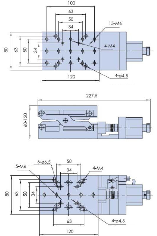 Mechanical Drawing of Motorized Linear Vertical Stage, Range of Travel 60 mm