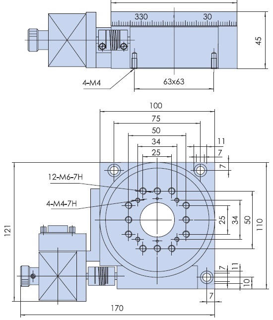 Mechanical Drawing of Hollow Core Motorized Horizontal Rotation Stage, Stage Diameter: 3.937 in (100 mm) 